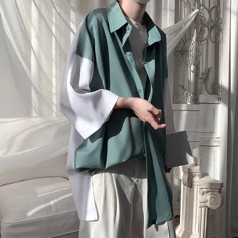 

Прошитая рубашка контрастного цвета, мужская летняя свободная модная брендовая рубашка с рукавом три четверти, трендовая дюймов