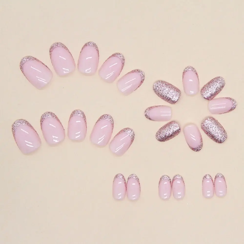 24pcs/box Long Oval French Pink Fake Nails Almond Shining Glitter Full Cover Nail Tips Press on Nails DIY Detachable Manicure