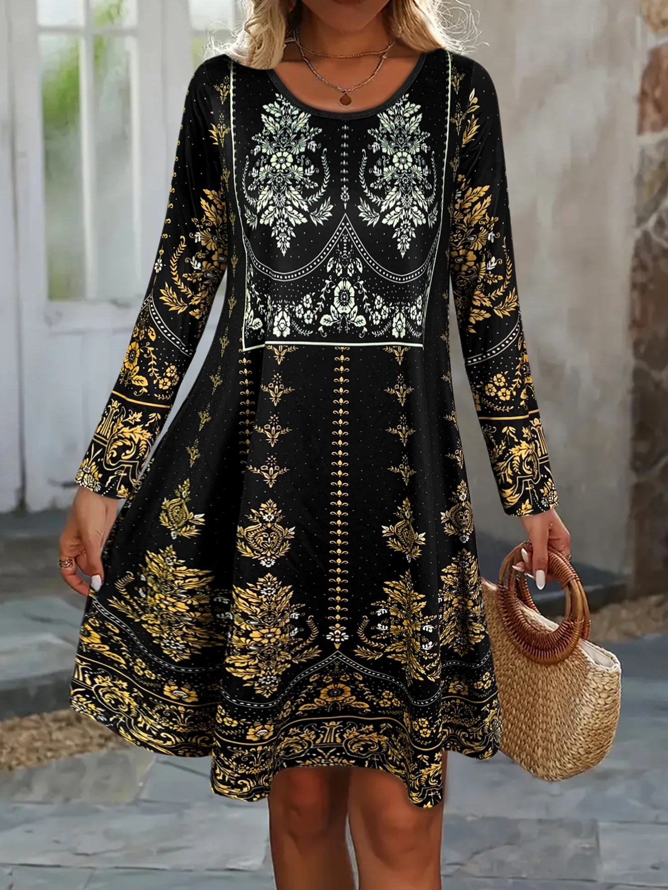 Zwarte damesjurk met lange mouwen, elegante jurk met lange mouwen voor dames, elegante casual en feestkleding