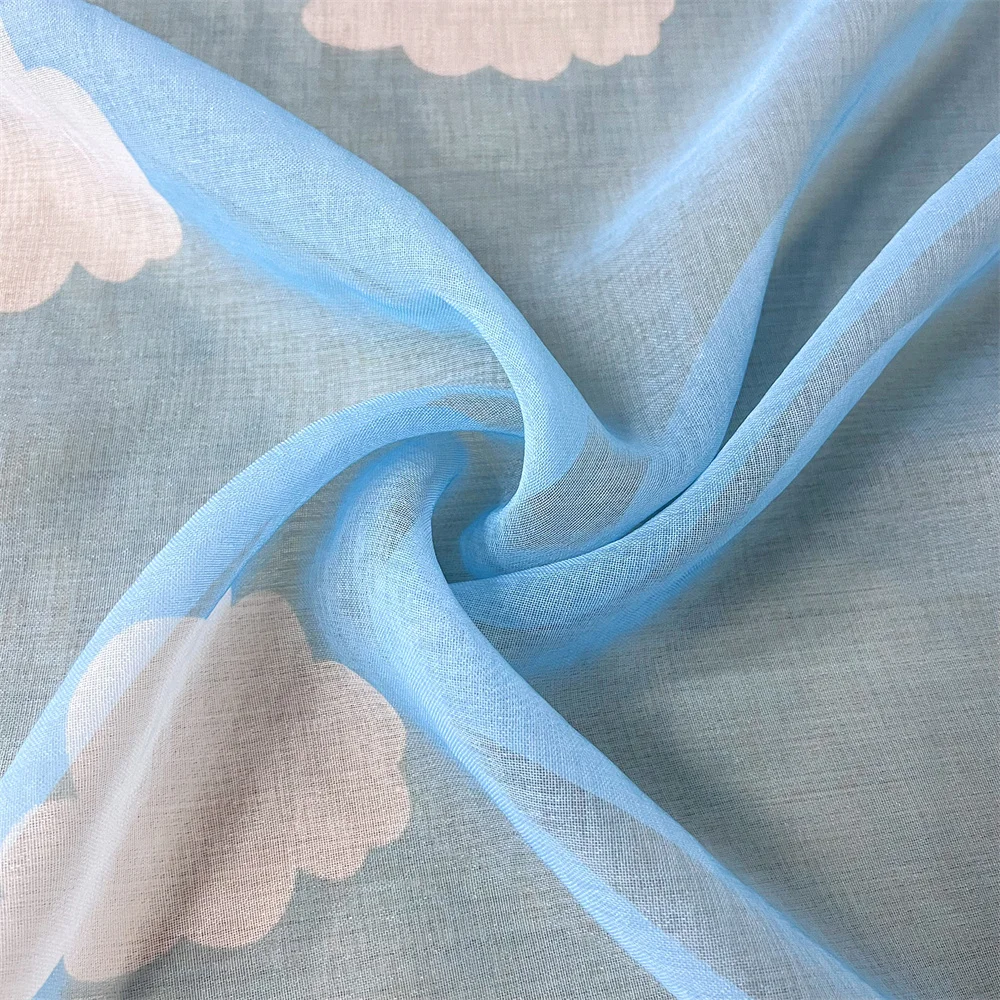 Blue Semi Sheer Curtains Clouds Printed Window Panels for Bedroom Living room Light Filtering Voile Kids Room Decor