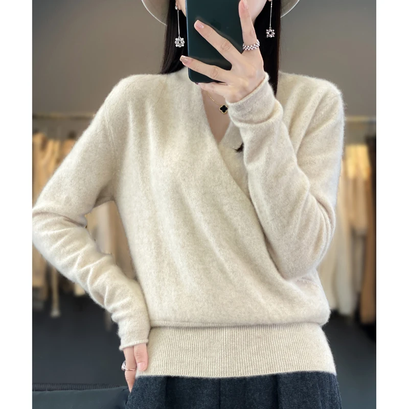 Hot Sale Autumn Winter Women 100% Merino Wool Sweater Female V-Neck Long Sleeve Pullover Ladies Fashion Knit Jumper Girl Tops