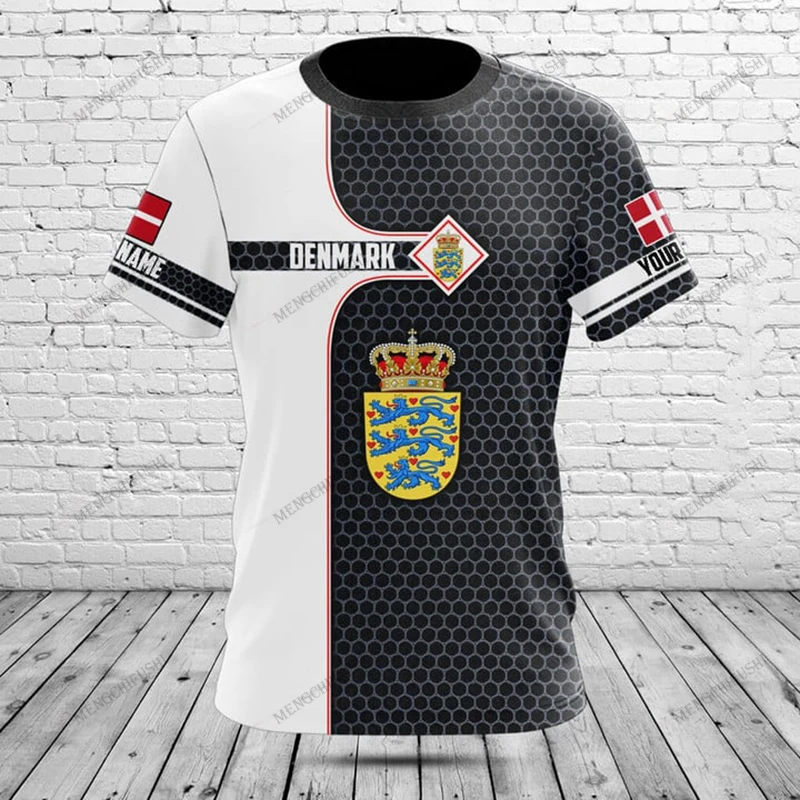 

Индивидуальные футболки с графическим рисунком герба Дании, летние унисекс, мягкий крутой трикотаж с круглым вырезом, повседневная быстросохнущая уличная одежда большого размера