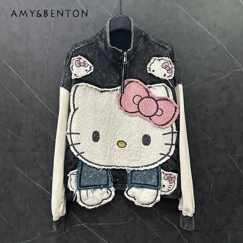 

2025 Autumn Heavy Industry New Cartoon Zipper Color Block Sweatshirt Women's Loose Casual Sweet Style Pullover Top Hoodies Coat