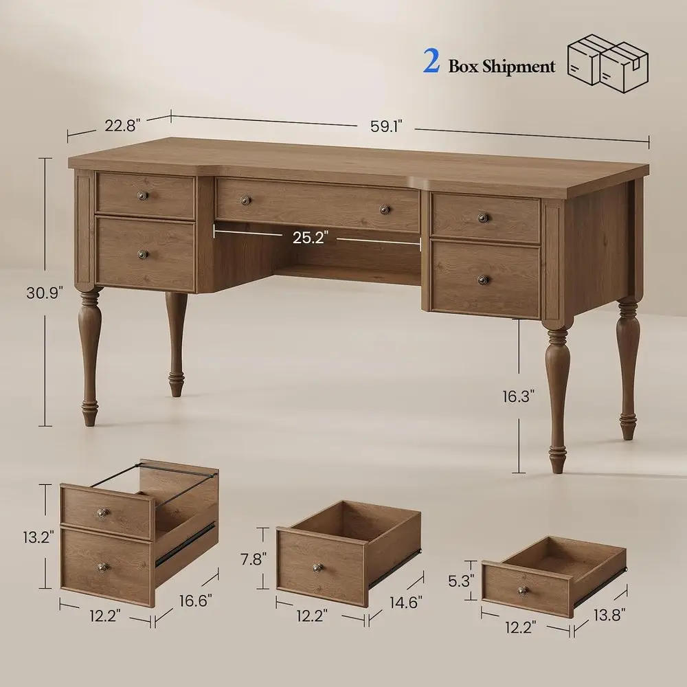 Executive Wood Desk with 4 Drawers, Cabinet & Keyboard Tray, Vintage Style Desk with Privacy Panel for Home Office, Study or Wri