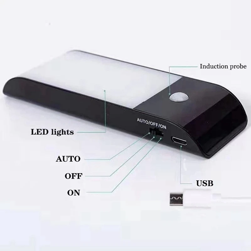 Lámpara de luz nocturna para armario, Sensor de inducción de movimiento Pir, recargable por USB, 2 piezas, 12 LED