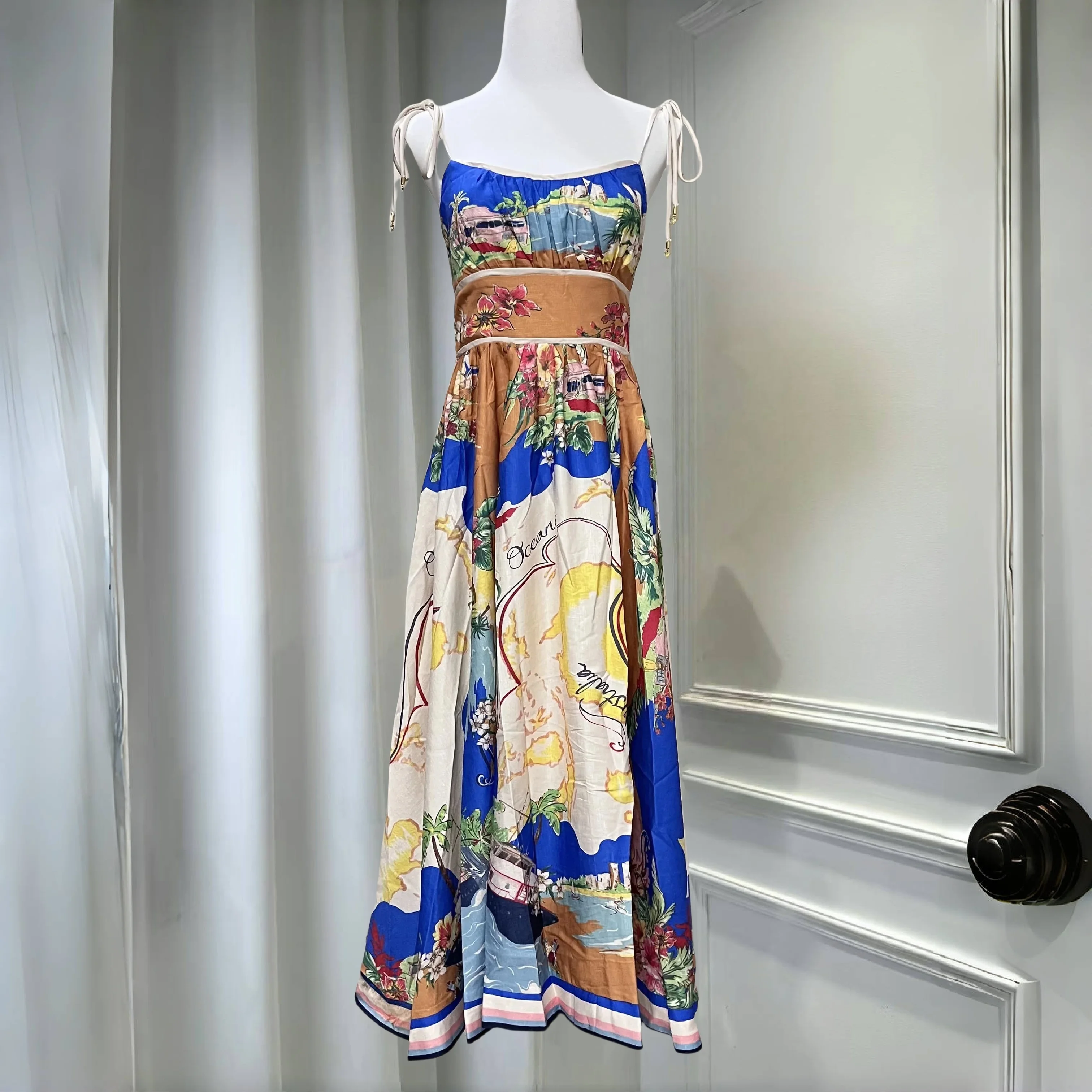 

Women's Floral Embroidered Linen Mid Length Sling Dress Ruffle Trimmed Hem Short Straps Summer Beach Party Chic Look for Women