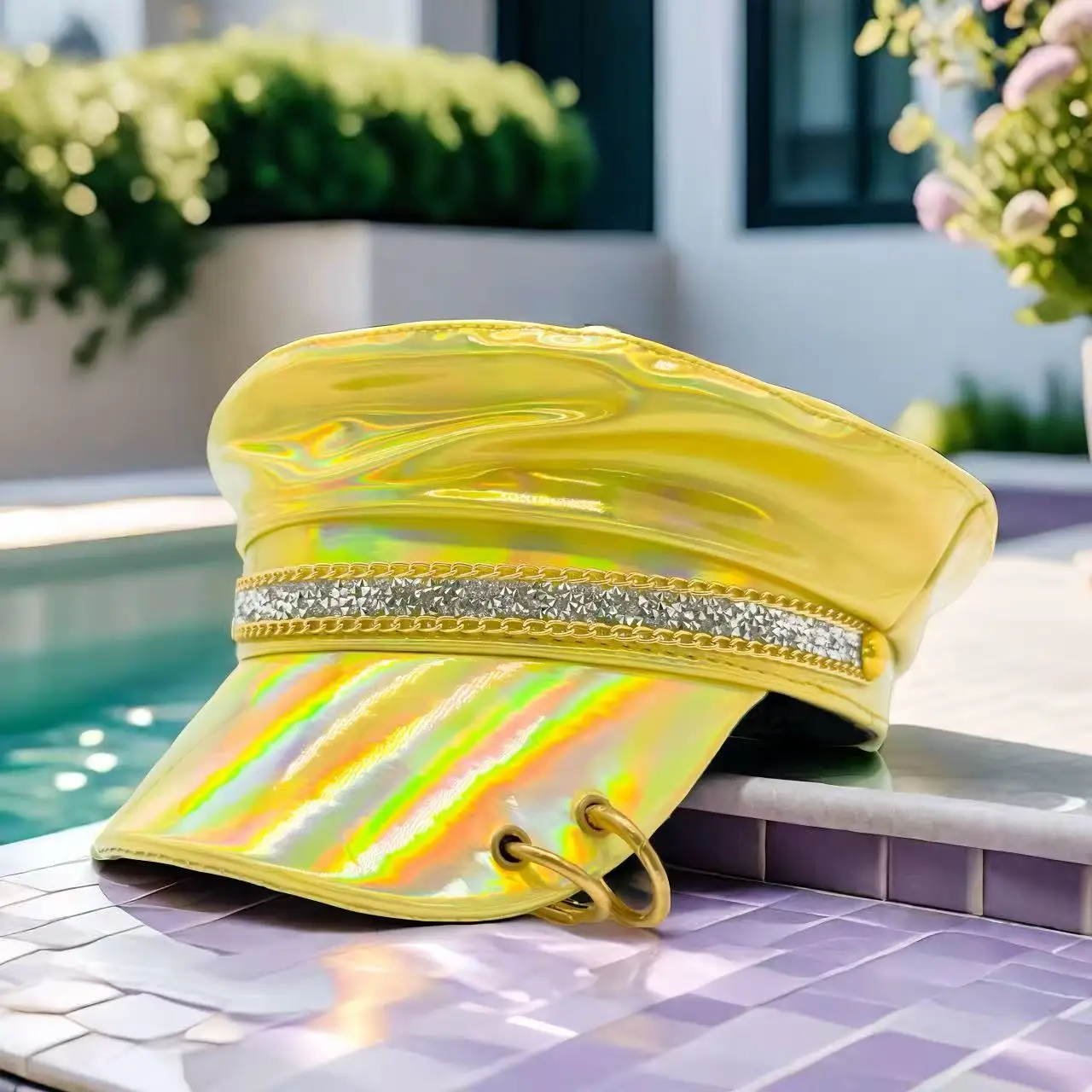 HongLuan  Laser Leather Captain Hat Rhinestone & Military Caps for Woman, Rave Festivals Accessories ＆ Party Cap Man Cosplay Fem