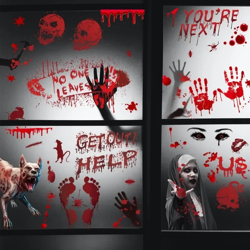 

8 Pieces/Set Halloween Printed Static Stickers Window Stickers Bloody Hand Feet Skull Horror Toilet Toilet Stickers Atmosphere