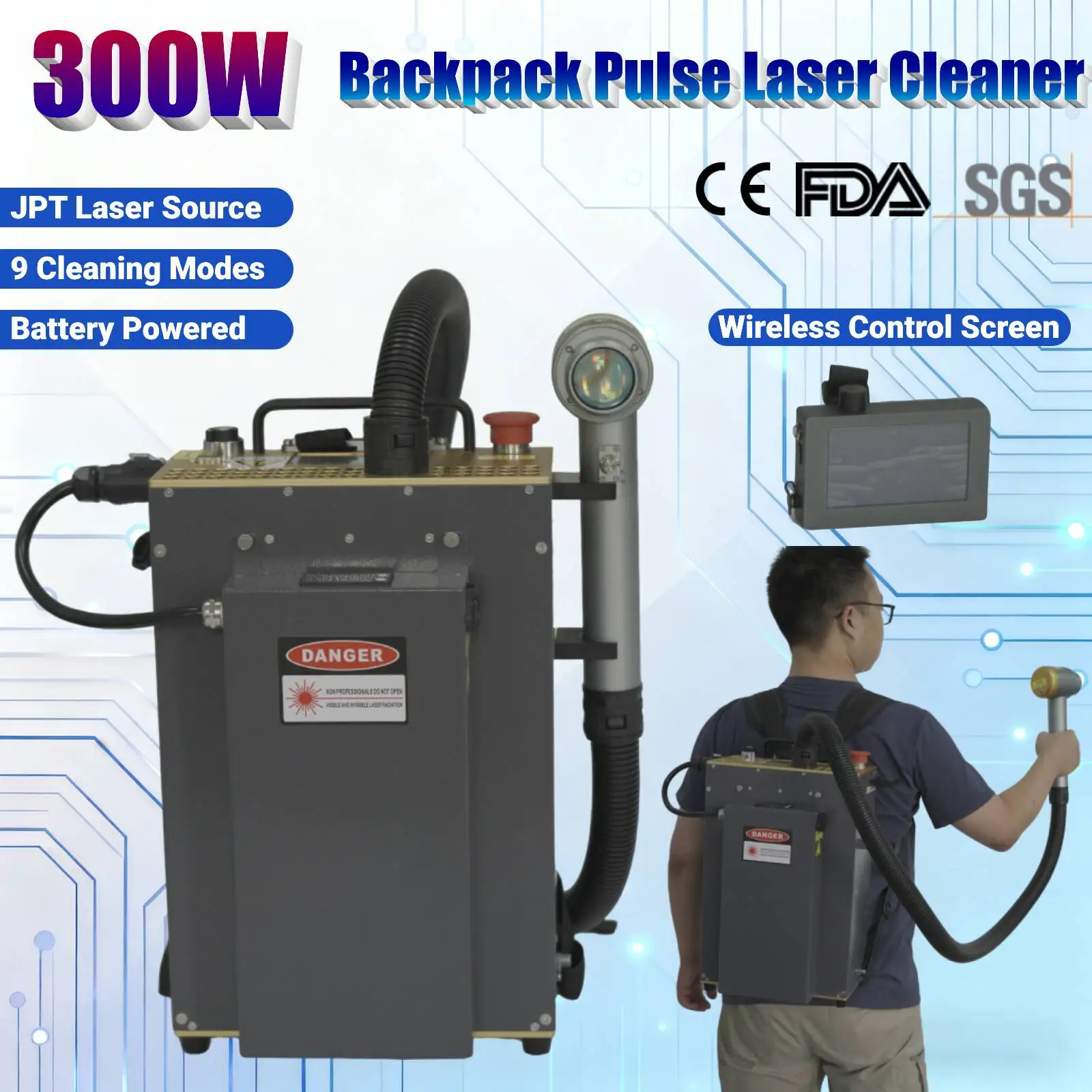300W Backpack JPT Pulse Fiber Laser Cleaning Machine AC 220V/Battery Powered Laser Cleaner For Metal Wood Oil Paint Rust Removal