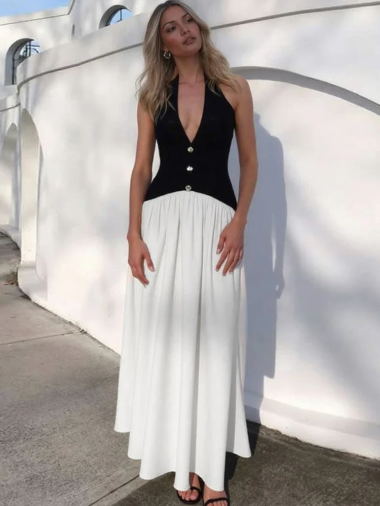 EOENKKY Sexy Halter Dress Women Backless Low Chest Lace-Up Patchwork Stripe Button Elegant Stretch Skinny French Maxi Bodycon