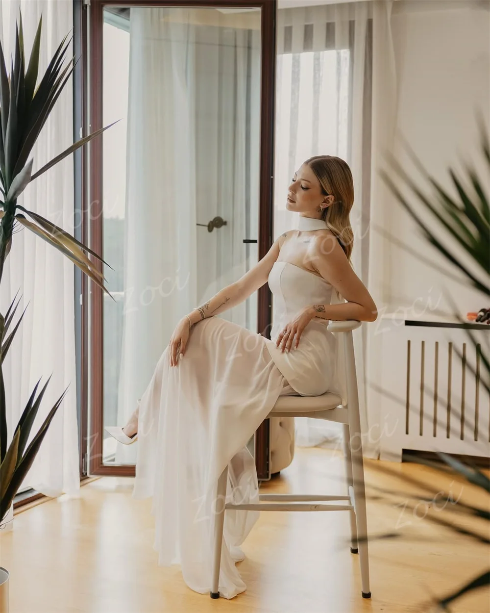 Zoci Strapless Beach A Line Wedding Dresses Sleeveless Chiffon Shawl Bride Dress Customized Backless High Side Split Bride Dress