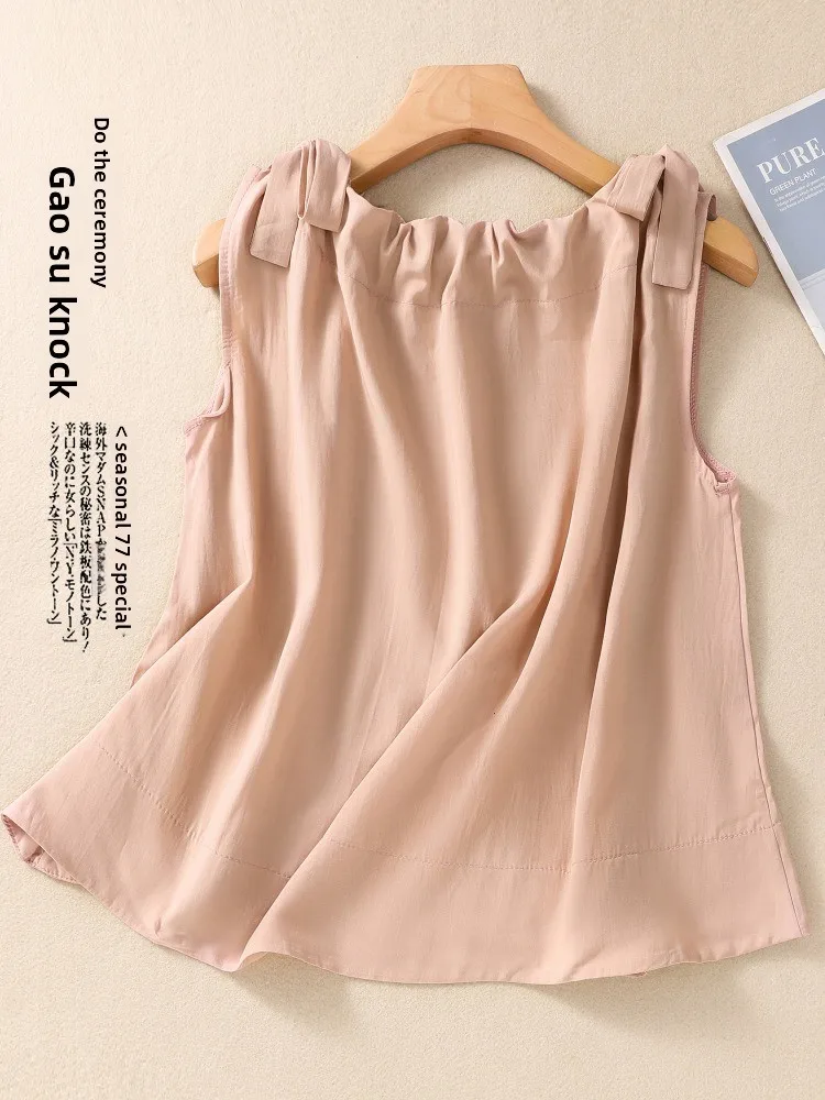 Dames losse katoenen linnen tanktop Dstring verzameld ademend zomertops kleur casual woon-werkverkeer Sle