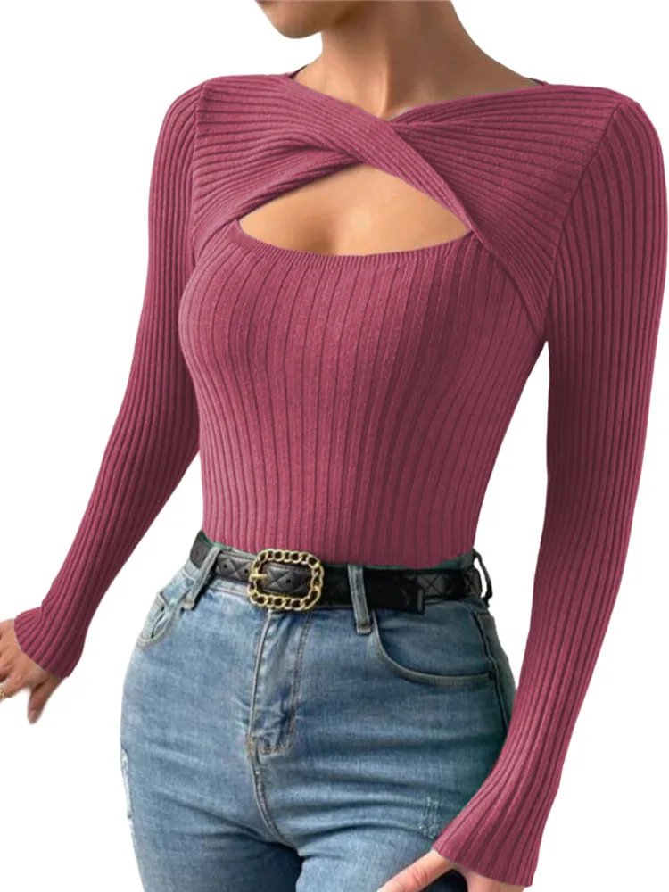 Casual Long Sleeve Hollow Out Irregular Round Neck T Shirts Basic Tee Sweater Top Lightweight Sweaters for Women Autumn