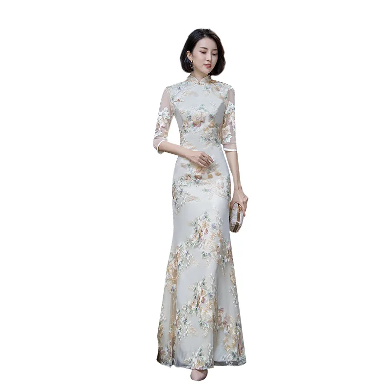 Women Improved Qipao New Long Chinese Style Fishtail Dress Elegant Walk Show Performance Chinese Ethnic Hanfu Qipao