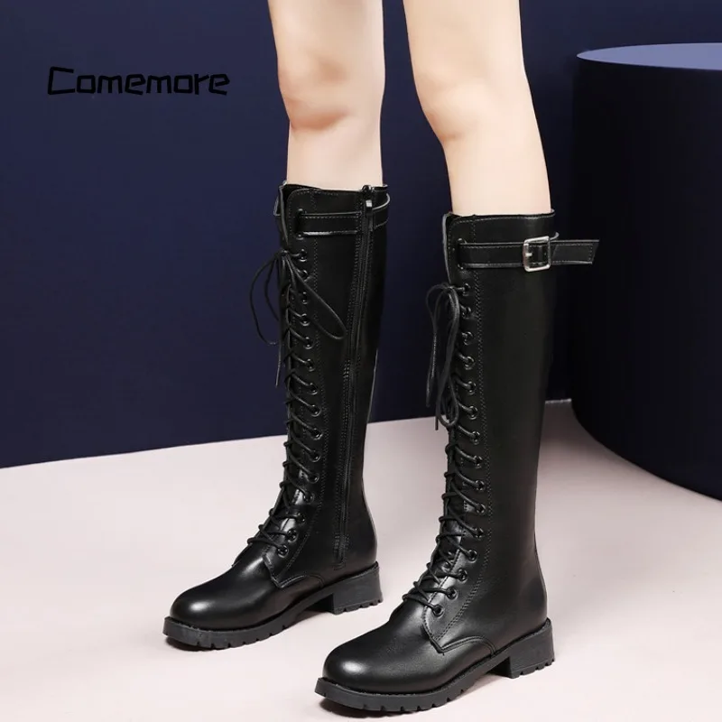 Comemore Women 2023 New Lace Up Knight Boot Belt Buckle Female Booties Long Autumn Footwear Ladies Thigh High Boots Big Size 43