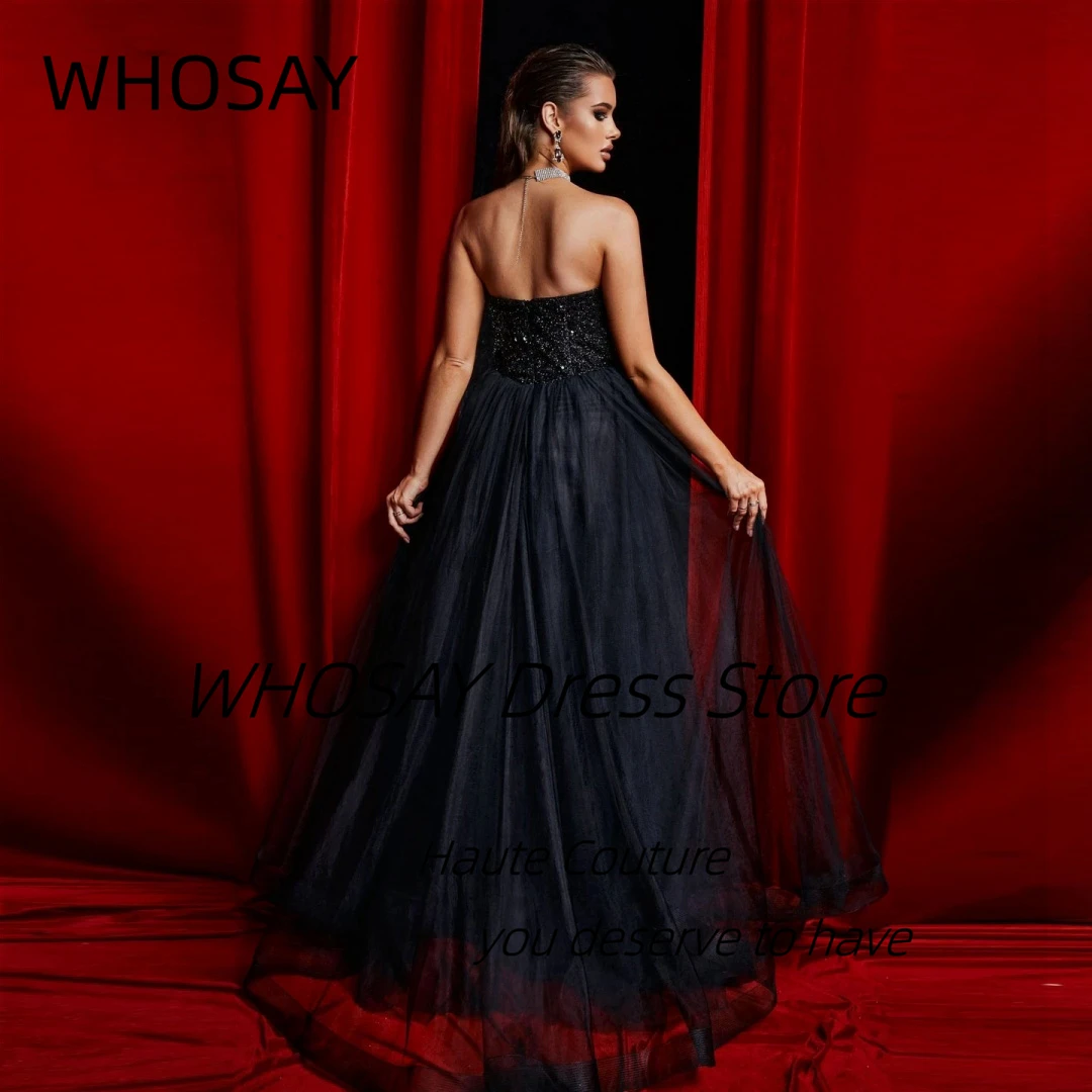 WHOSAY Bespoke Sweetheart Vestidos Des Prom Dresses Sexy Backless A Line Black Tulle Special Party Evening Gowns