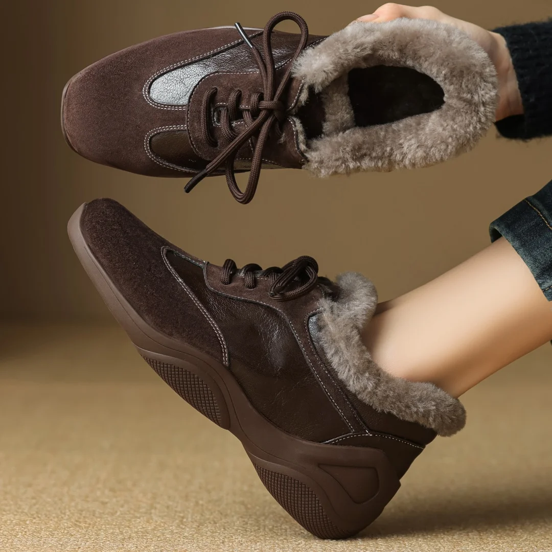 

danxuefei women's genuine leather patchwork square toe lace-up wool inside winter warm sneakers high quality casual flats shoes