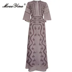 MoaaYina Spring Fashion Runway Vintage Print Party Dress Women O Neck Sexy Hollow Out Draw String Gathered Waist Slim Long Dress