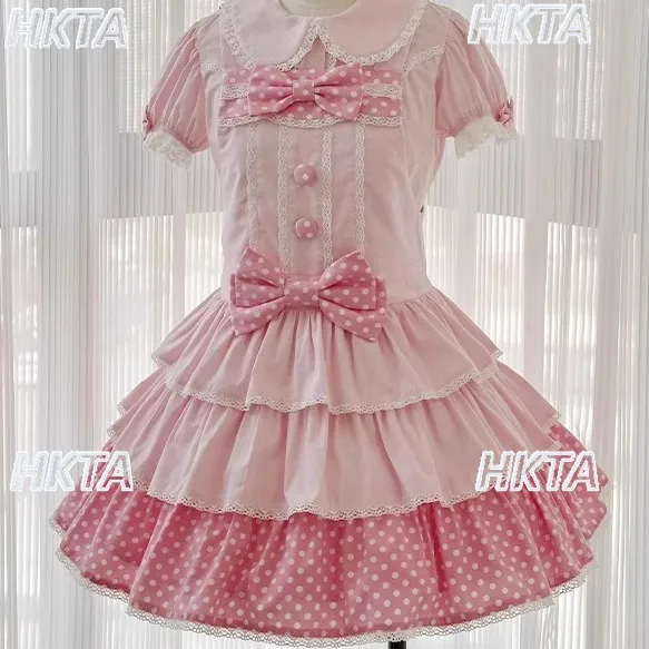 

Kawaii кружевное шитье кукольный воротник пузырь с короткими рукавами и бантом в горошек на талии Jsk платье женское милое платье Лолиты для женщин