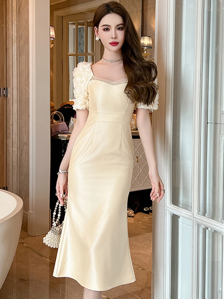 

Gentle Elegant Dress for Women Satin Yellow Flower Bubble Sleeve Bodycon Fishitail Robe Party Holiday Vestidos Maxi Clothes Lady