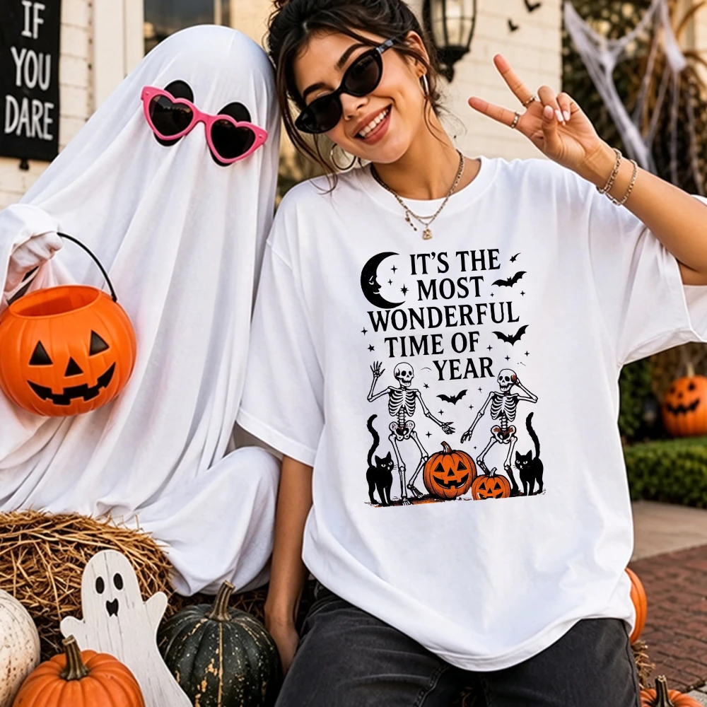 It's The Most Wonderful Time of Year Women Cotton Short Sleeve T-Shirt Halloween Skeleton Black Cat Spooky Season Party Tops