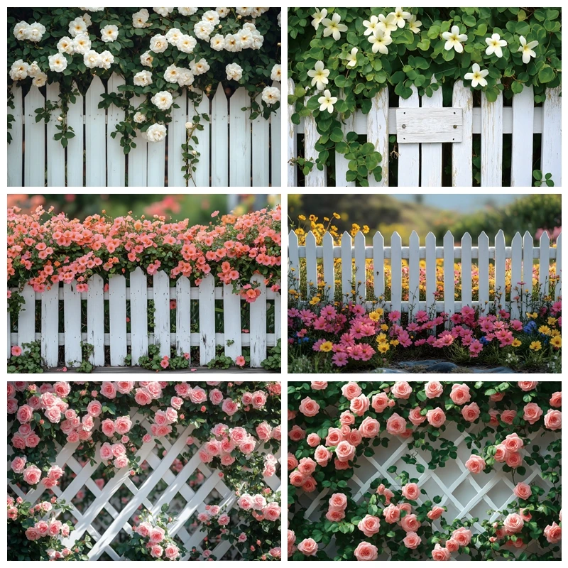 Spring Garden Flower Photography Backdrop Green Grass Floral Wall Fence Wedding Birthday Party Baby Birthday Background Banner