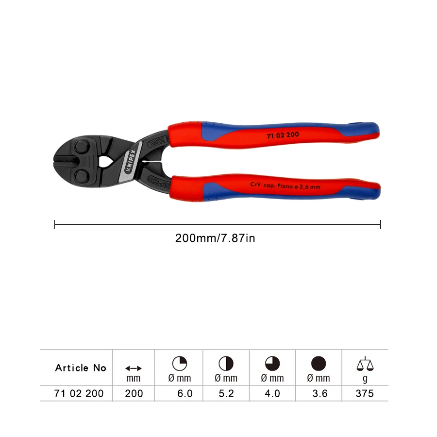 KNIPEX 71 02 200 8 Inch Cutting Pliers Bolt Wire Tool High Leverage Cobolt Comfort Grip for Cutting Hard Soft and Piano Wire