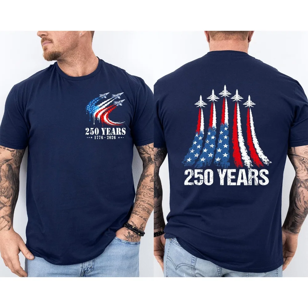 1776-2026 Jet Fighter American Flag Men Double Sided  Graphic T Shirts Patriotic Short Sleeve Cotton Tee Tops Men's Clothing