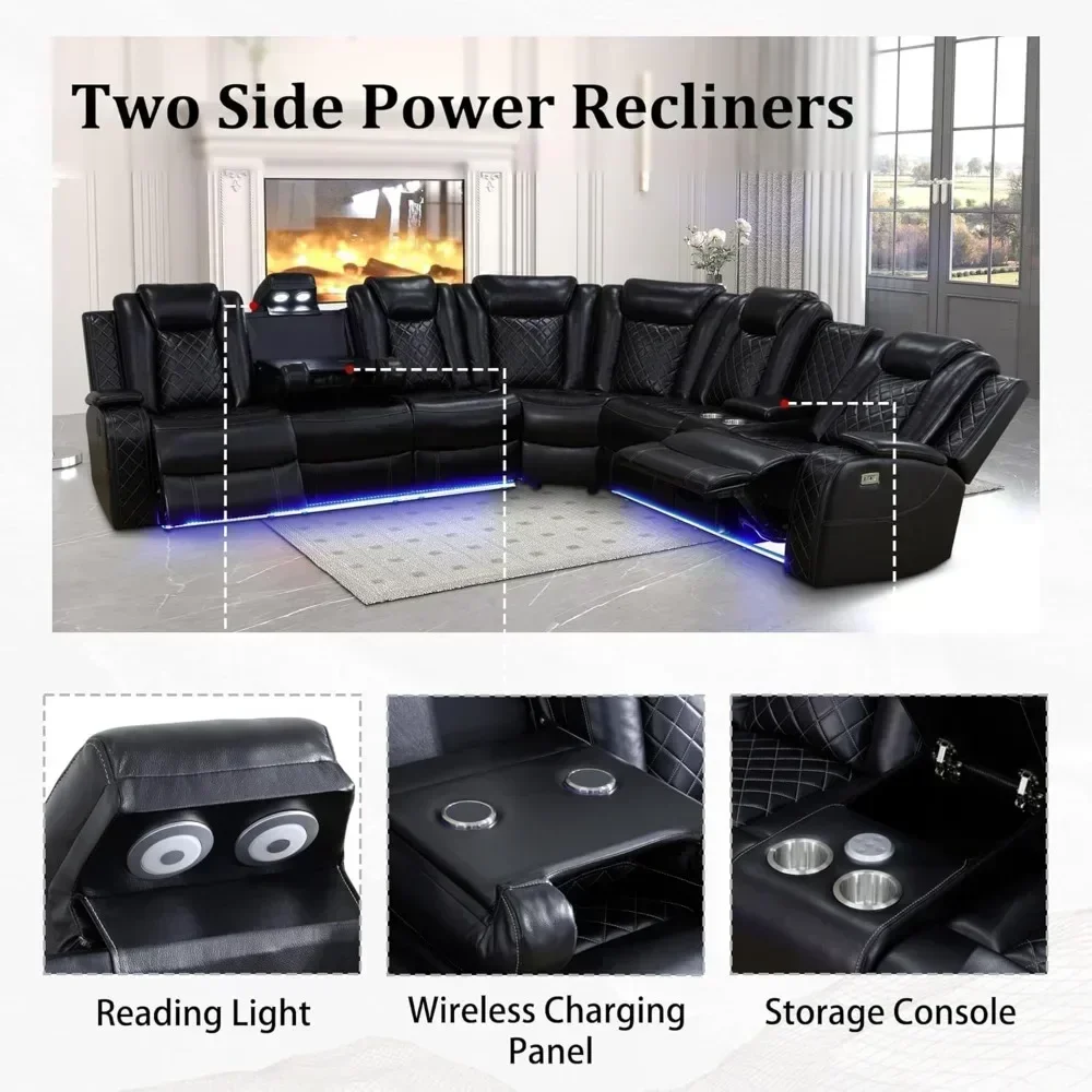 recliner，Leather Power Recliner Sectional Sofa with LED, Power Reclining Sectional Couch, Breathing Leather Sofa Couch