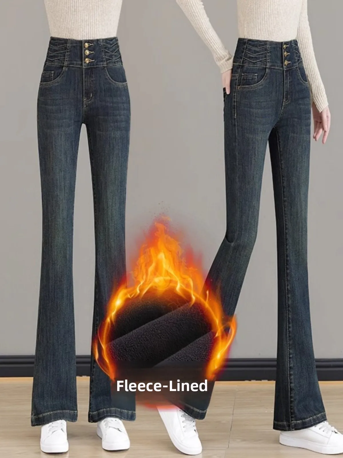 

Расклешенные джинсы с высокой талией на подкладке, женские эластичные длинные брюки для похудения, винтажные брюки, весна-осень, Новое поступление, глубокий цвет