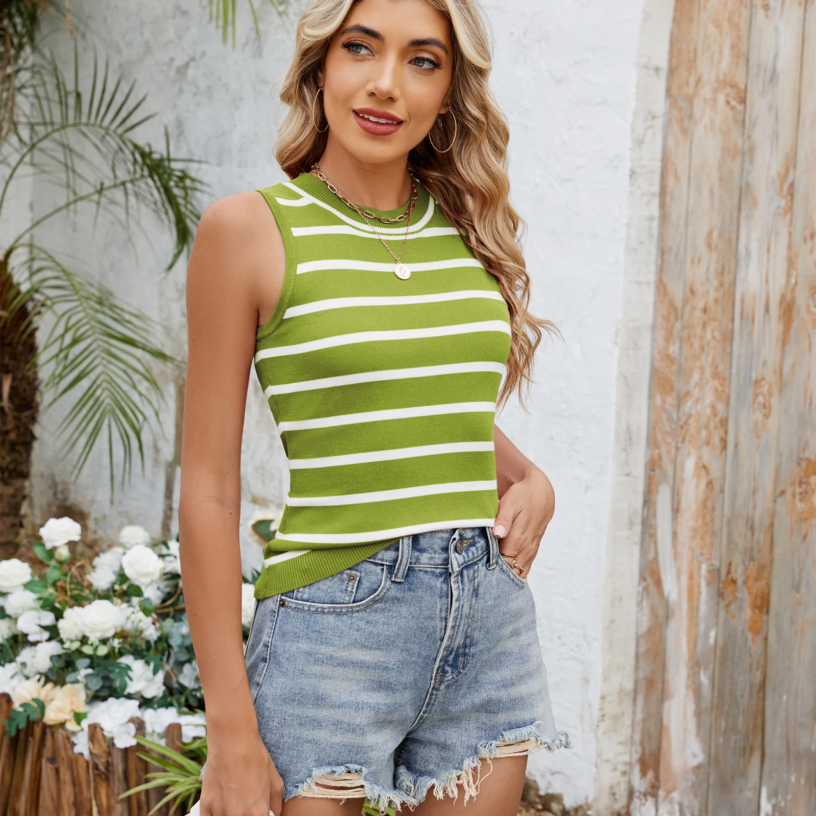 Maglione gilet slim fit a righe retrò per donna Nuovo arrivo estivo da Europa e negli Stati Uniti