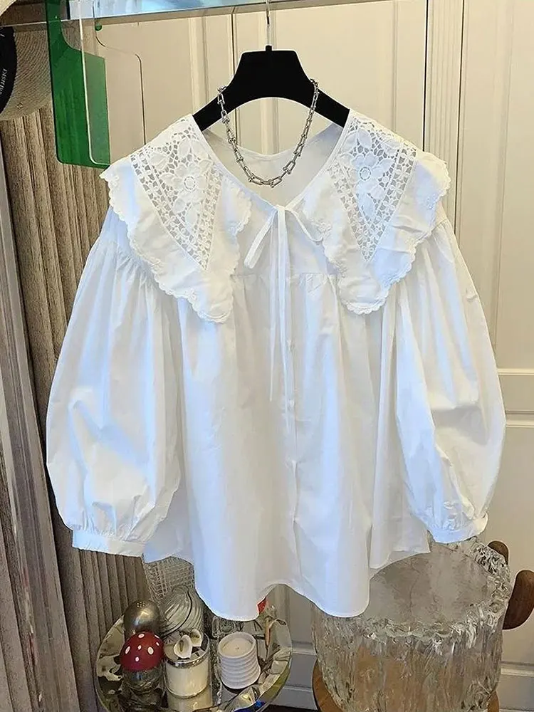 

New Lace-Embroidered Big Collar Bow-Tie Blouse Long Sleeve Elegant All Match Female Clothing Korean Reviews Many Girls Clothes