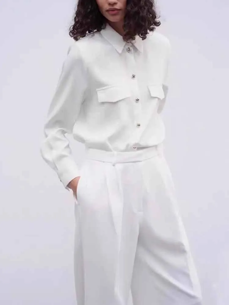 

European and American style autumn and winter new fashion women's clothing versatile shoulder pad crepe long sleeve lapel shirt