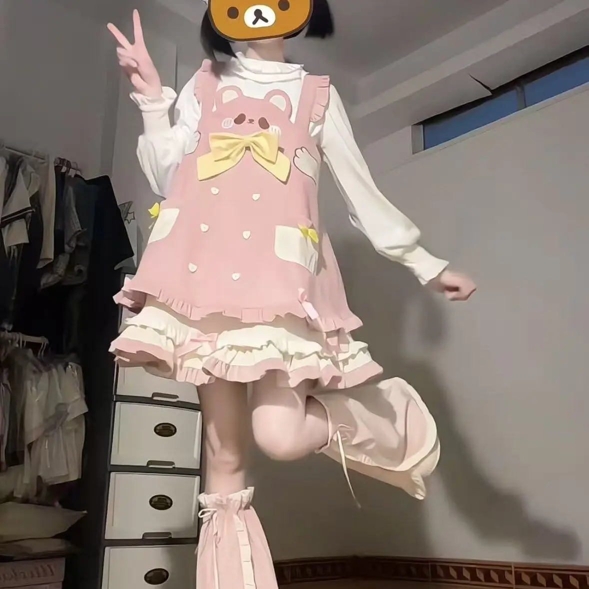 

Japan College Sweet And Cute Embroidered Bow Strap JSK Bud Skirt Girl Spring And Autumn Bear Style