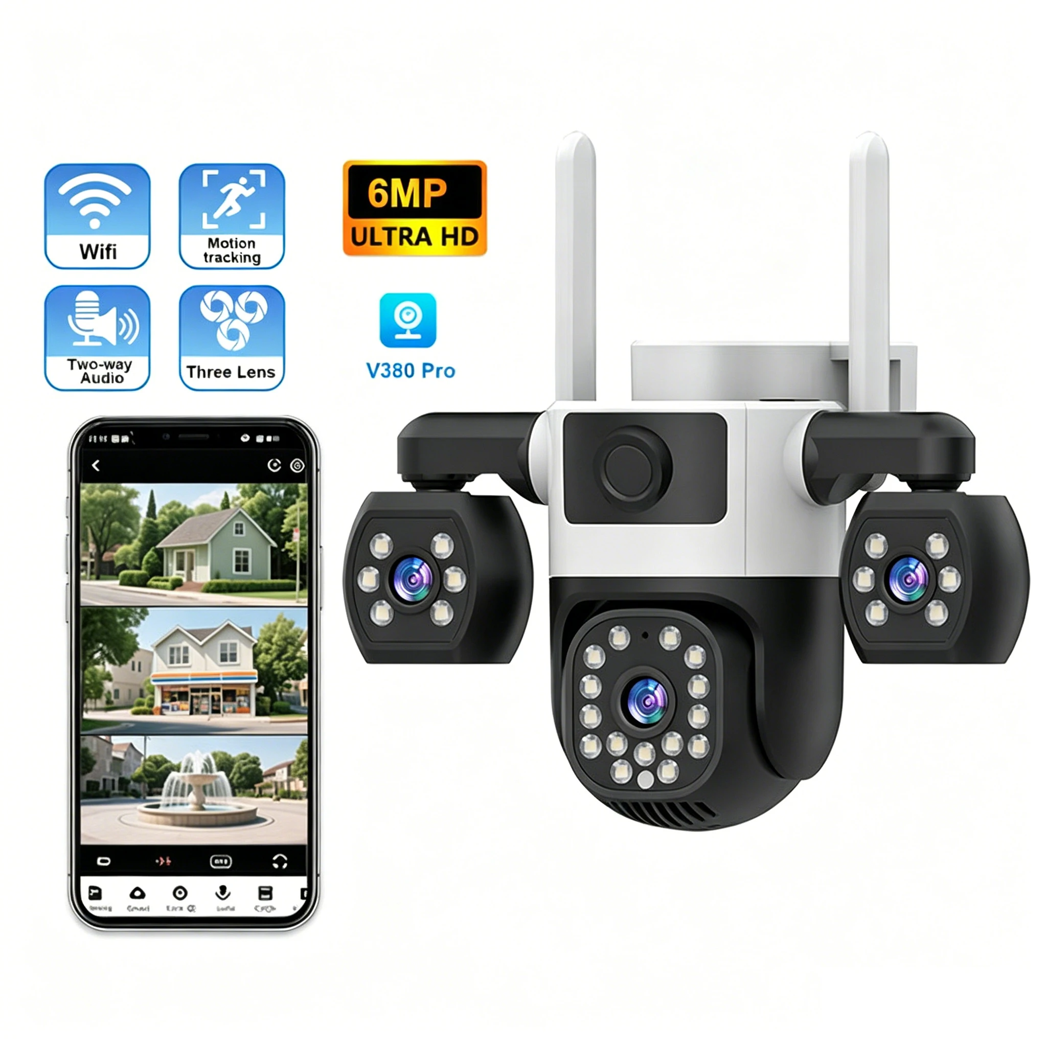 Cameră de Supraveghere Exterior V380 Pro cu Alimentare, Obiective Multiple