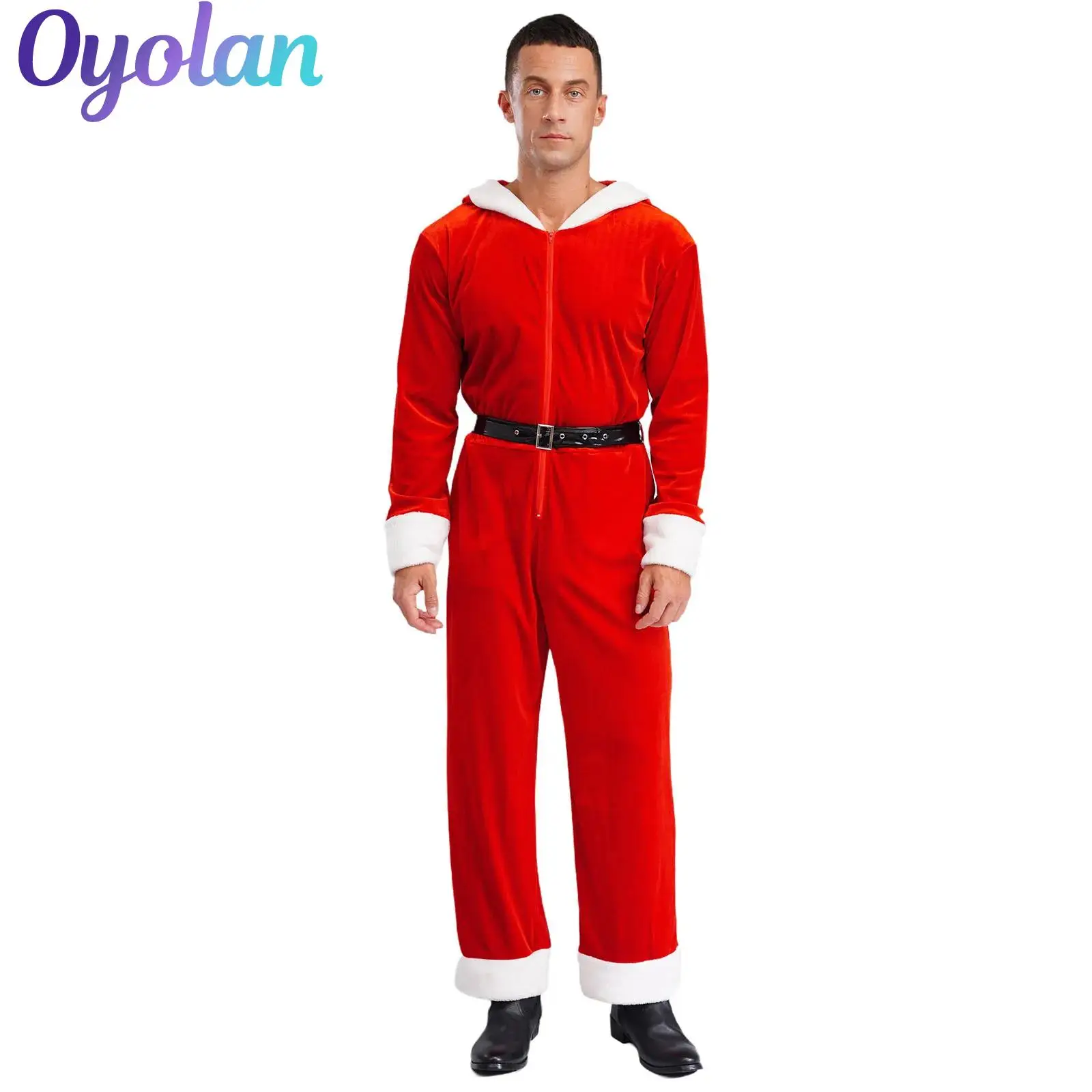 

Mens Christmas Xmas Cosplay Outfits Santa Claus Costume X-Mas Clothing Hooded Pajamas Jumpsuit with Belt Pointed Hood Unitards