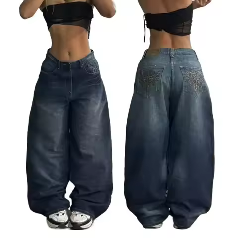 Harajuku New Fashion Geometric Embroidery Baggy Jeans Men Y2K High Street Vintage Hip Hop Popular Casual Joker Wide-leg Pants