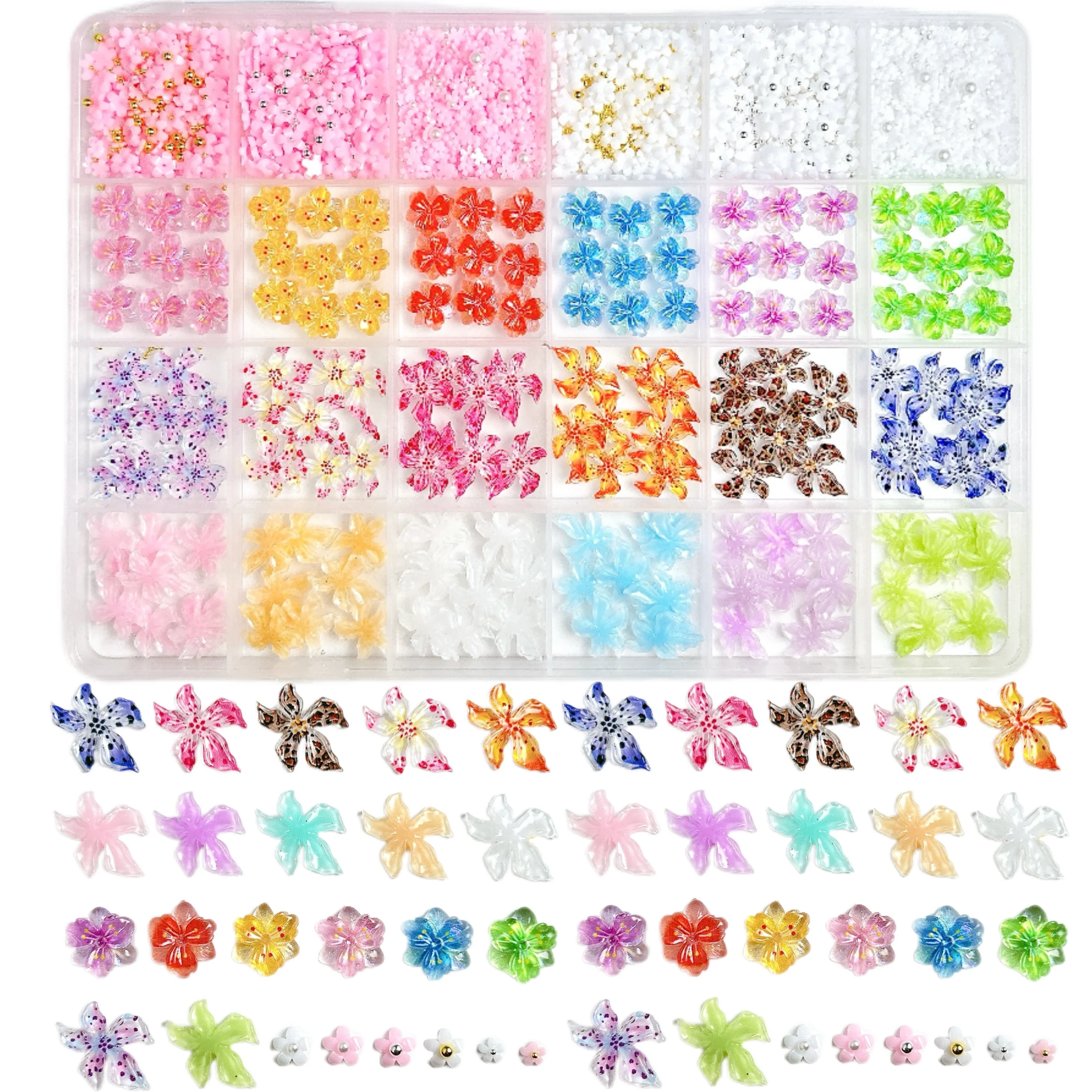 1 scatola di ghiaccio trasparente a cinque petali fiori in resina pendenti per unghie multi-colori creativi morbidi fiori di mulino a vento decorazioni per unghie fai da te