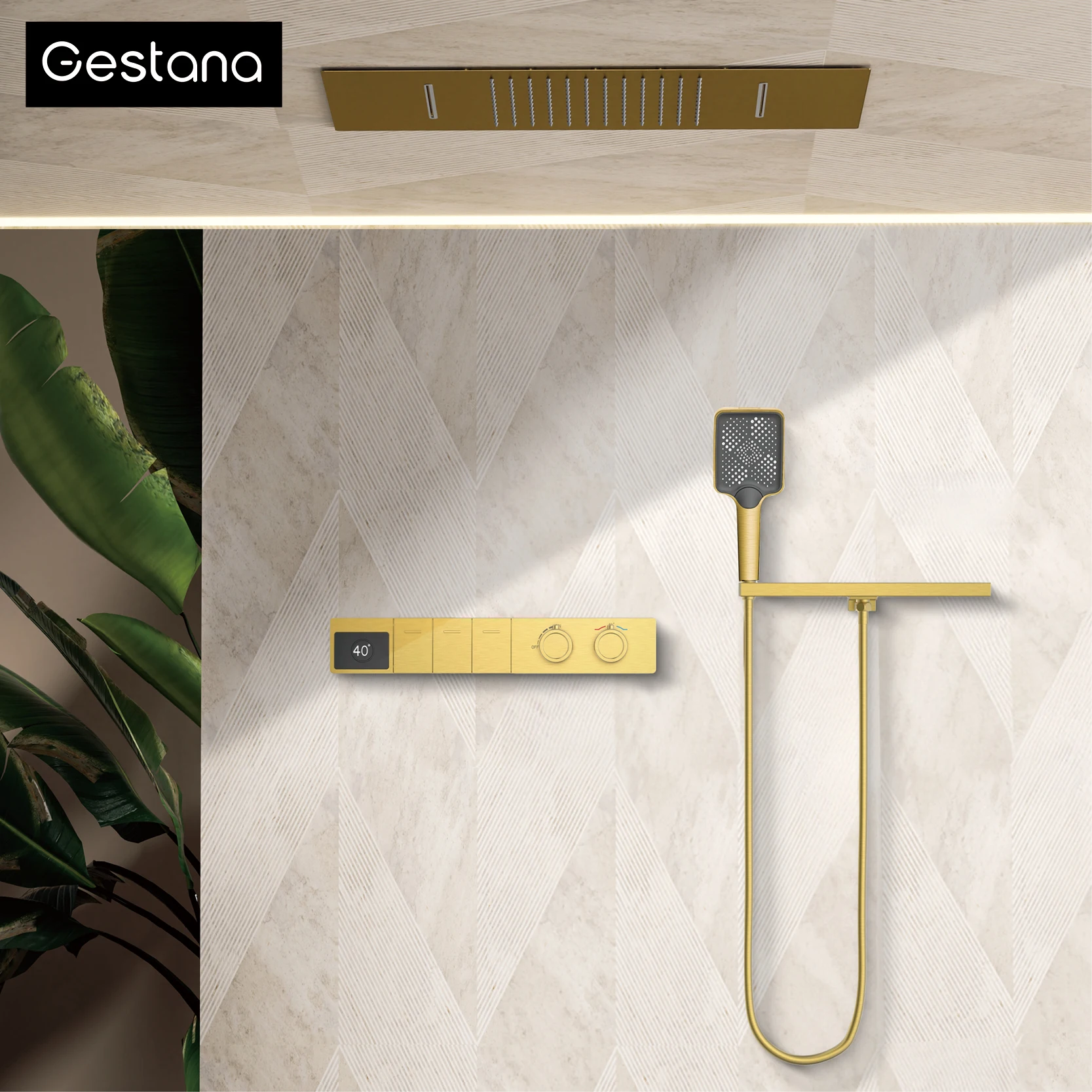 Gun Gray LED Digital Display Brass Shower System Hidden Ceiling Waterfall Constant Temperature Cold & Hot Water Bathroom Mixer
