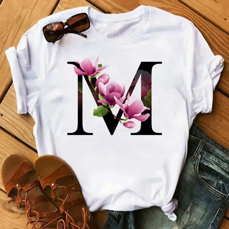 Women's Custom Name Letter Combination Printing T-Shirt Fashion Floral Letter Font Short Sleeve Tshirt Top