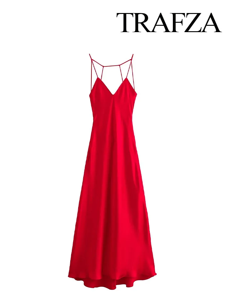 TRAFZA Female Vintage Long Dresses Solid V-Neck Sleeveless Backless Decorate Women\'s Summer New Fashion Camisole Dresses
