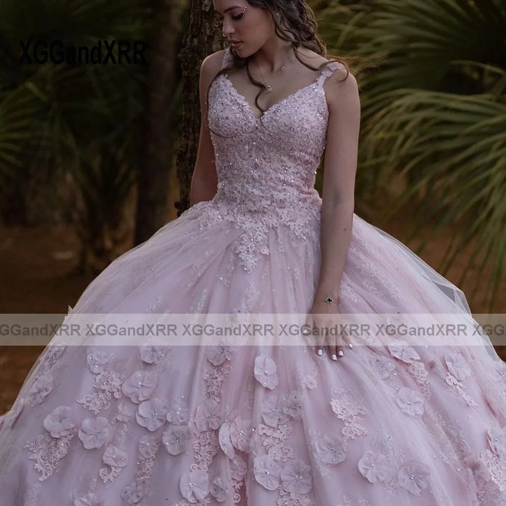 Mooie Roze Baljurk Quinceanera Jurk 2024 3d Bloemen Tule Prinses Sweet 16 Vestido De Xv Años Brithday Party Jurk V-Hals