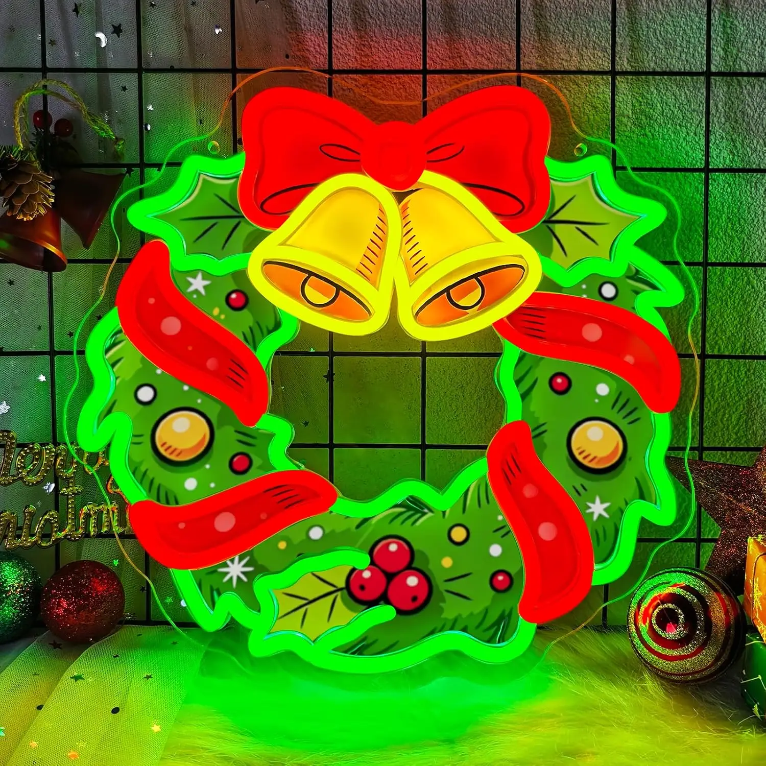 Christmas Wreath Bell Neon Sign LED Neon Light, USB Xmas Garland Neon Lamp for Christmas Party Home Window Bar Decoration Gift