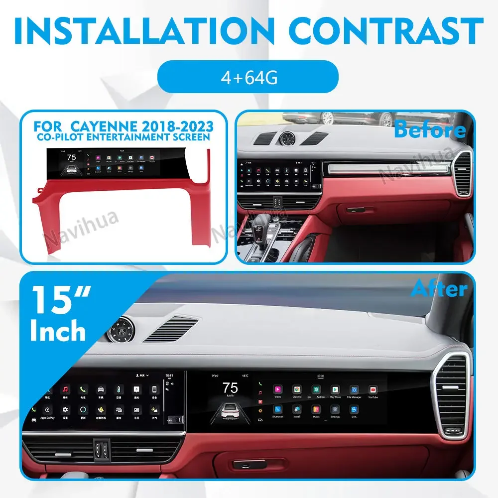 NaviHua 15 "لبورشه كايين 2018 2023 شاشة سماعة الرأس التلقائية Carplay مقعد الركاب الترفيه سيارة مساعد الطيار شاشة أندرويد