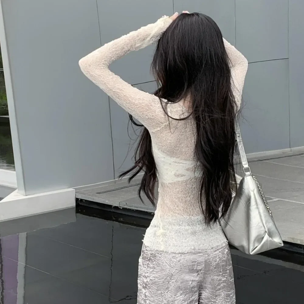 Damen-T-Shirts, Allgleiches, durchsichtig, sexy, langärmelig, V-Ausschnitt, Spitze, schlankmachend, amerikanischer Stil, auffällig, atmungsaktiv, würzige Mädchen, Y2k-Chic