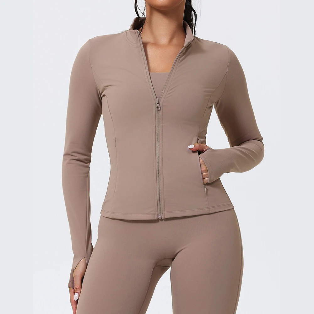 اليوغا طويلة الأكمام المرأة سترة رياضية سستة معطف اليوغا الملابس سريعة الجافة اللياقة البدنية سترة قمصان للجري ثقب الإبهام الصالة الرياضية تجريب أعلى
