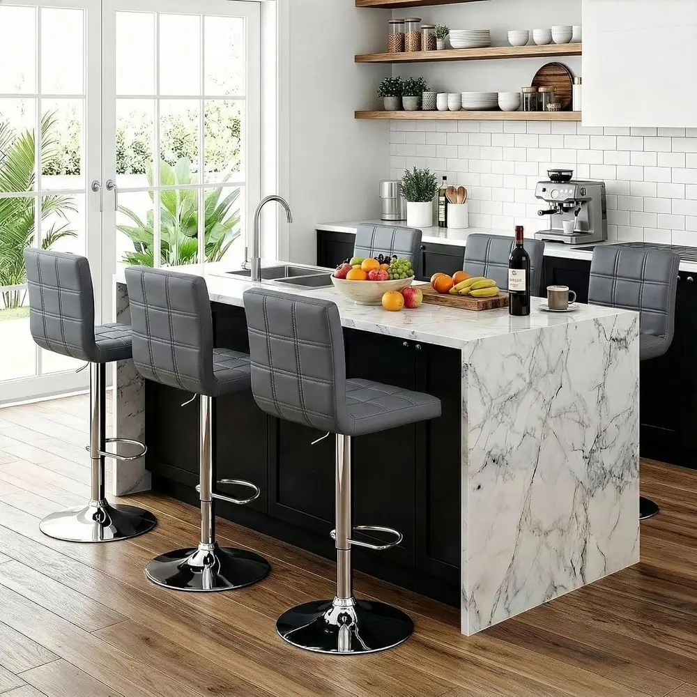 

Set o 4 Adjustable Swivel Barstools, ern PU Leather Kitchen Counter Bar Stools, Square Back Bar Stool (Grey)