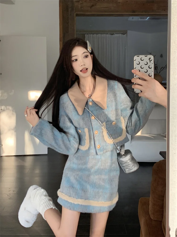 

Korean Fashion Fall and Winter New Women Two Piece Skirt Sets Wool Blends Turn Down Collar Long Sleeve Coat + A Line Skirt Sets
