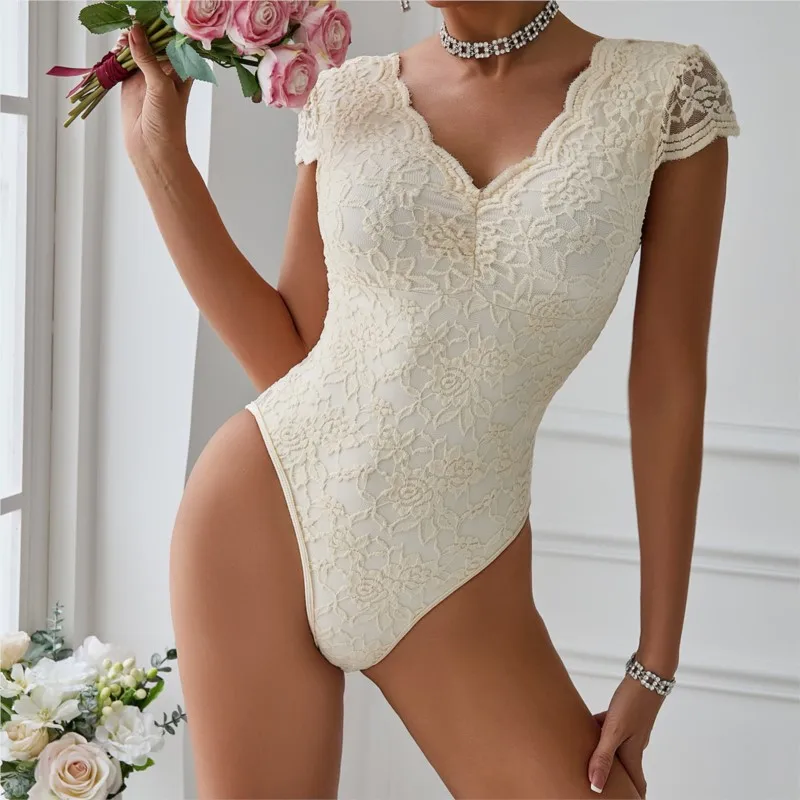 

Womens Embroidery Floral Contrast Lace Bodysuit Sexy V Neck Backless Elegant Bodysuits Y2K Thin Night Club Party Leotards Tops