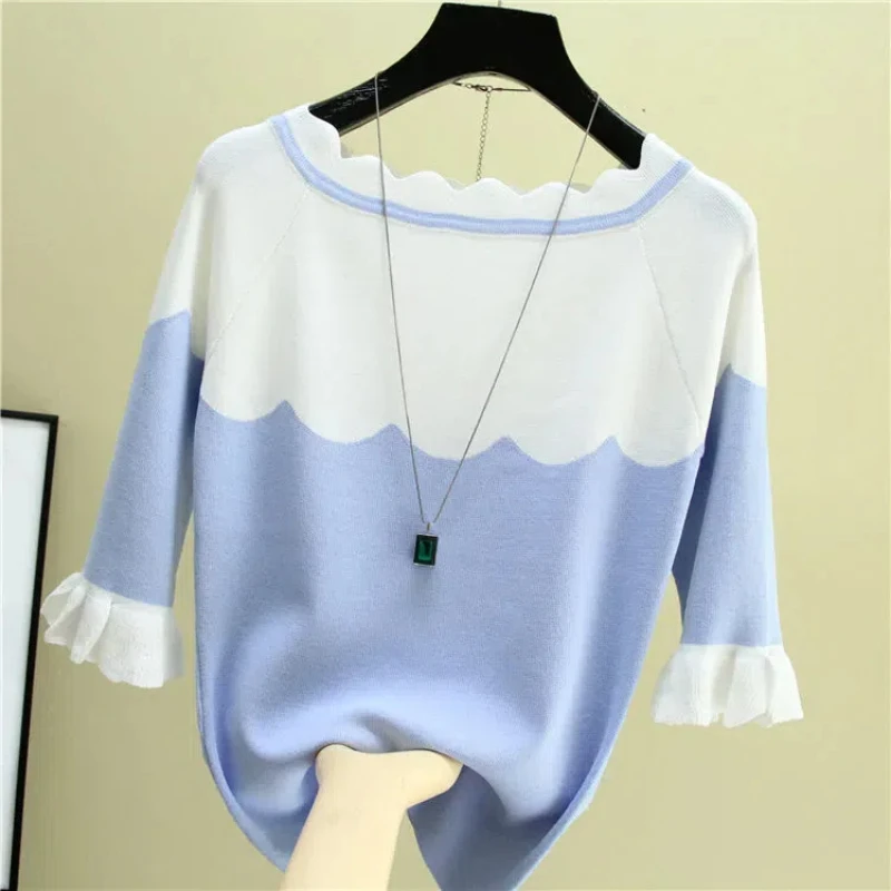 Knitted Women\'s Clothing Pullover Half Sleeve Sweater Round Neck Screw Thread Contrast Color Flattering Spring Autumn Tops